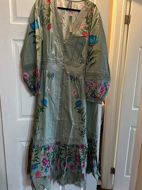 Anthro Floral Midi Dress Green Lace Trim Boho 3X Plus Size NWT
